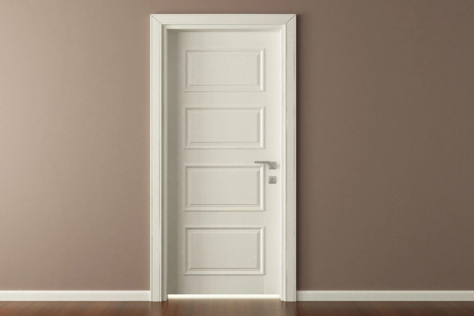 A white door with four panels and a metal handle.